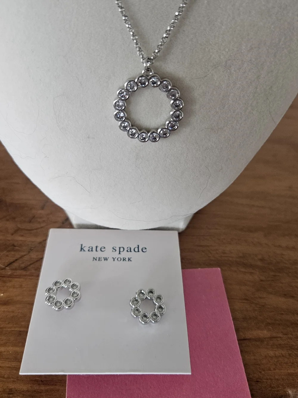 kate spade Silver Crystal Circle Pendant Necklace with Matching Studs